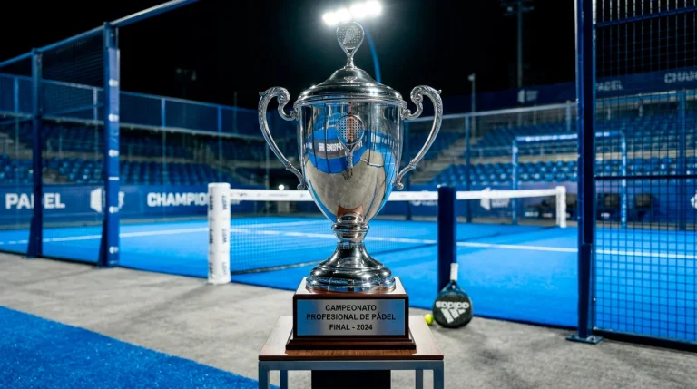 Trofeo de un torneo de pádel profesional sobre una mesa junto a la pista
