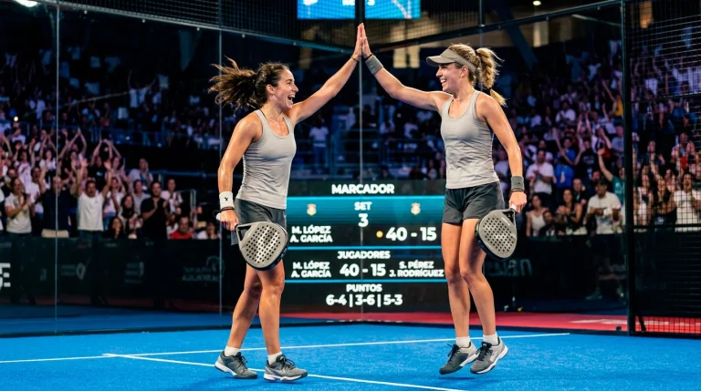 Pareja de jugadoras de pádel profesional celebrando un punto en torneo Premier Padel