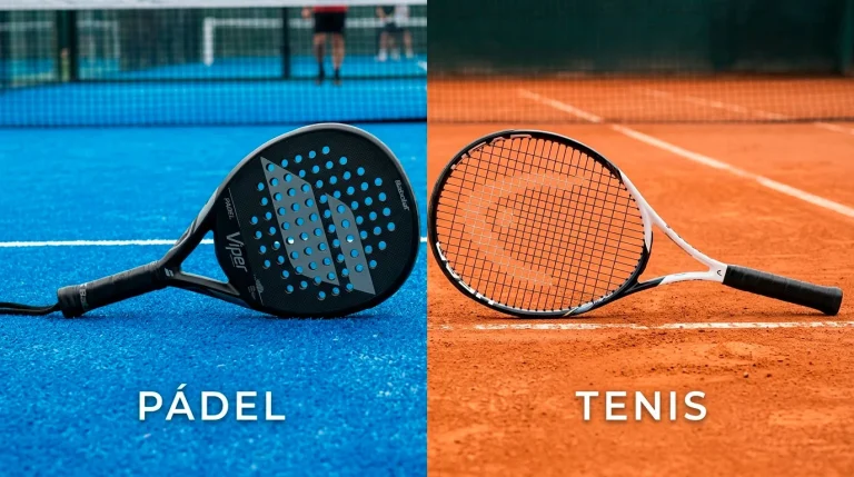 Pala de pádel y raqueta de tenis colocadas una junto a la otra sobre una superficie deportiva