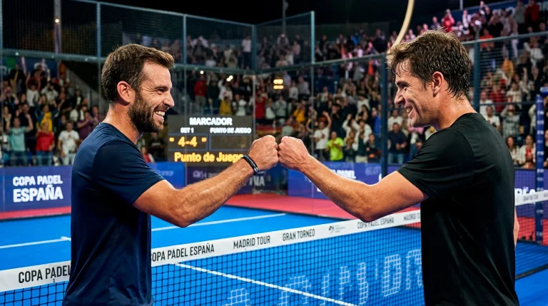 Dos jugadores de pádel profesional chocando las manos durante un partido