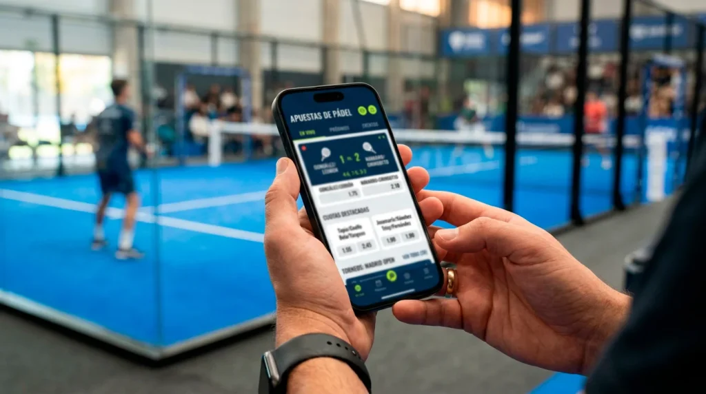 Pantalla de móvil mostrando una aplicación de apuestas deportivas con sección de pádel
