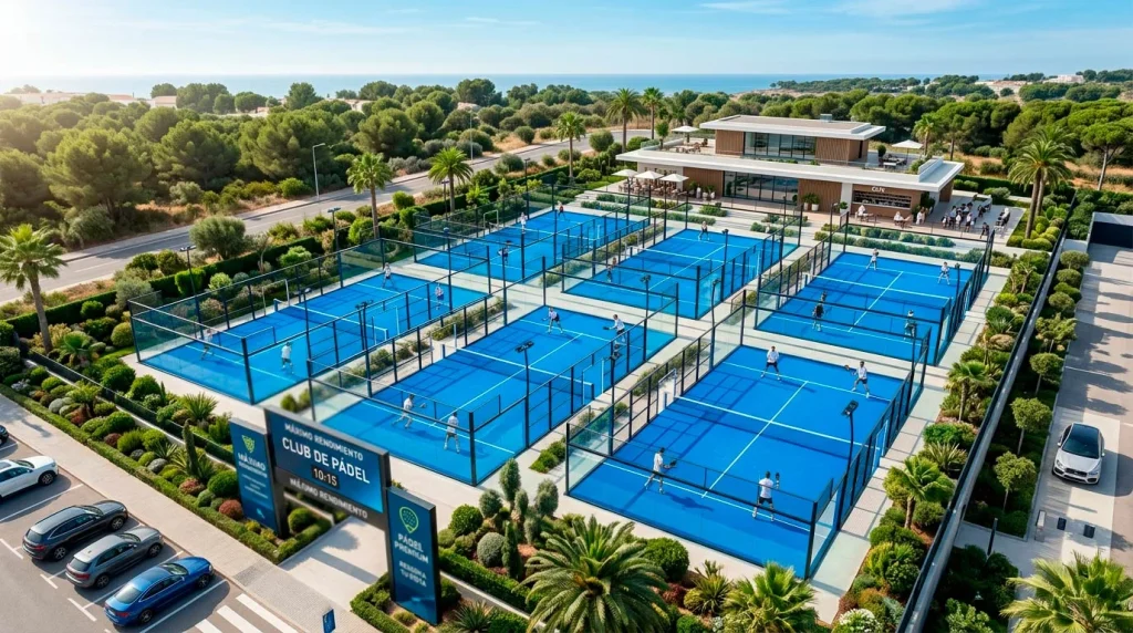 Vista aérea de un complejo deportivo con múltiples pistas de pádel al aire libre