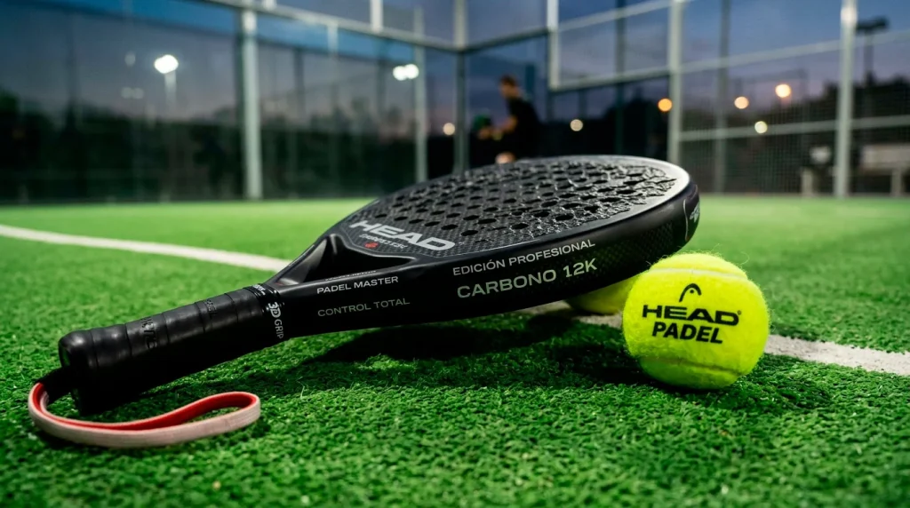 Primer plano de una pala de pádel profesional sobre pista verde con líneas de juego visibles