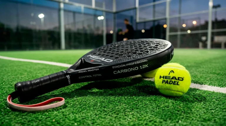 Primer plano de una pala de pádel profesional sobre pista verde con líneas de juego visibles