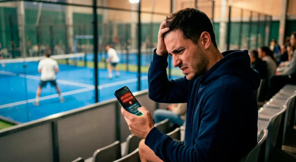 Persona con gesto de frustración mirando un teléfono móvil en una grada de pádel