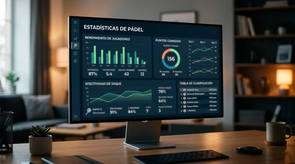 Pantalla de ordenador con tablas de estadísticas de jugadores de pádel profesional