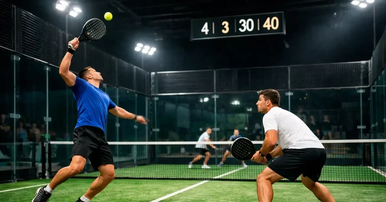 Jugadores de pádel profesional en acción durante un punto en torneo Premier Padel en pista cubierta