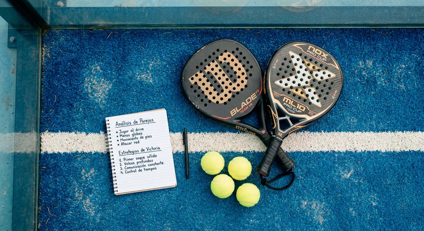 Palas de padel y pelota sobre una pista de cristal junto a un bloc de notas con analisis de parejas