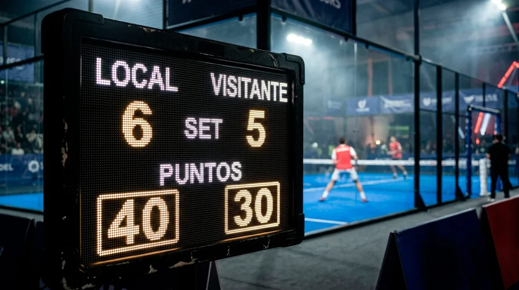 Marcador de un partido de pádel profesional mostrando un resultado ajustado