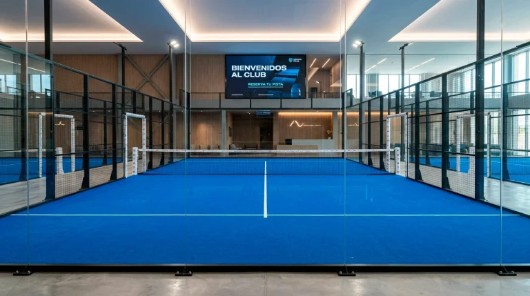 Pista de pádel cubierta con iluminación artificial en un recinto deportivo