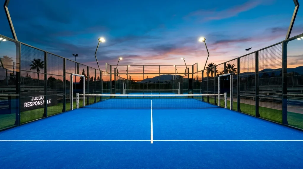Pista de pádel vacía al atardecer con iluminación encendiéndose