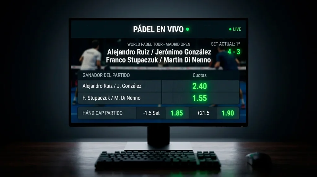 Pantalla con cuotas numéricas de apuestas de pádel en formato decimal