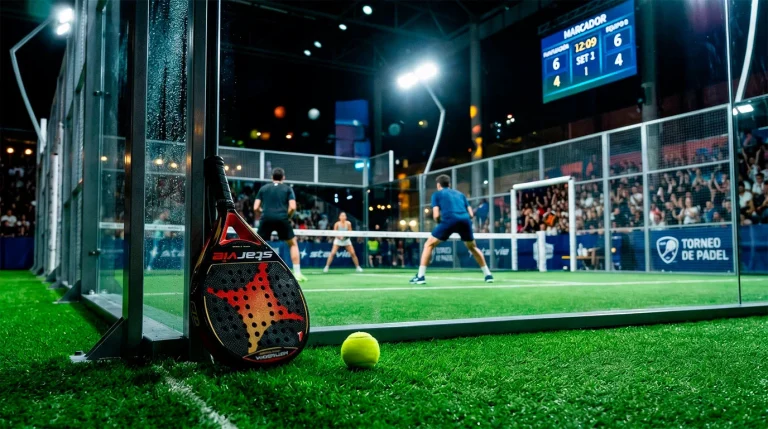 Pista de pádel profesional con pantalla mostrando cuotas de apuestas deportivas en España