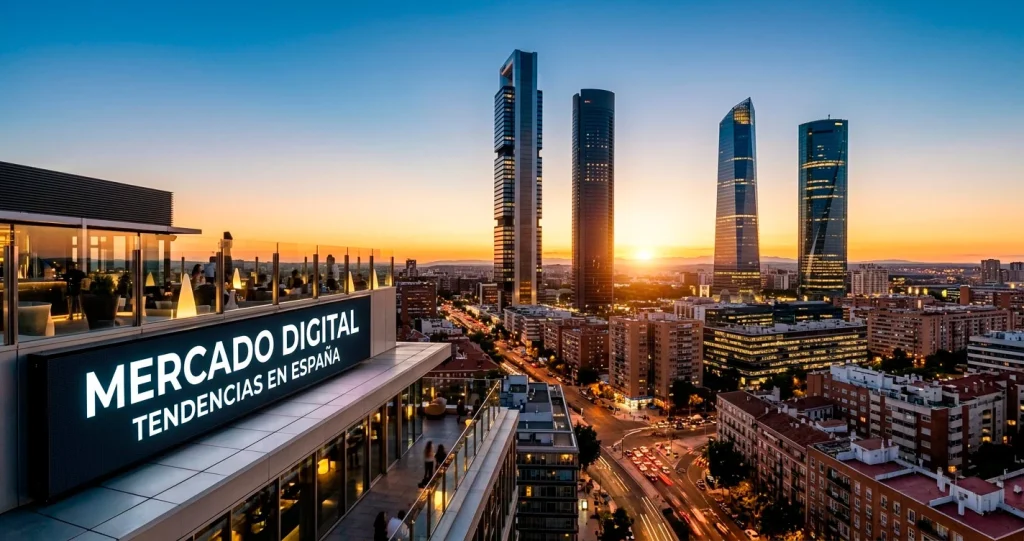 Skyline de Madrid al atardecer con edificios de oficinas iluminados