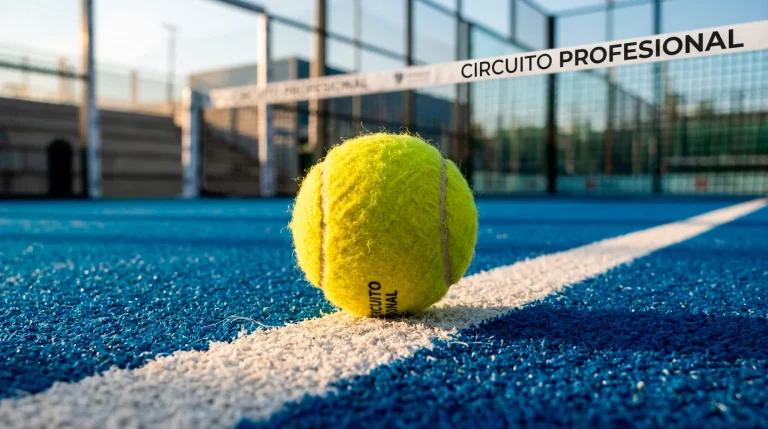 Pelota de pádel sobre la línea de una pista profesional con red al fondo