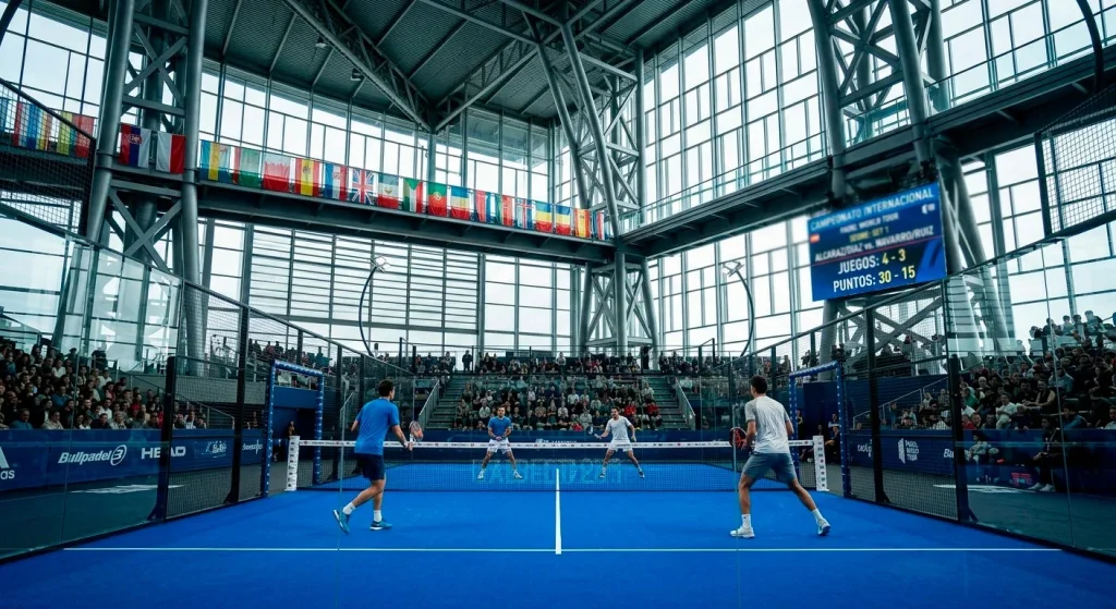 Pista de pádel en un recinto multideportivo con banderas internacionales