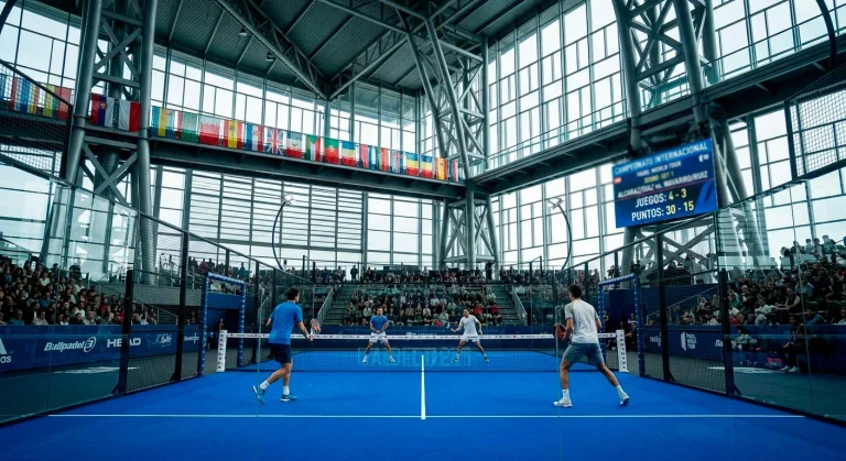 Pista de pádel en un recinto multideportivo con banderas internacionales