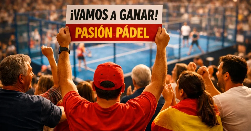 Grupo de aficionados siguiendo un partido de pádel en directo desde las gradas