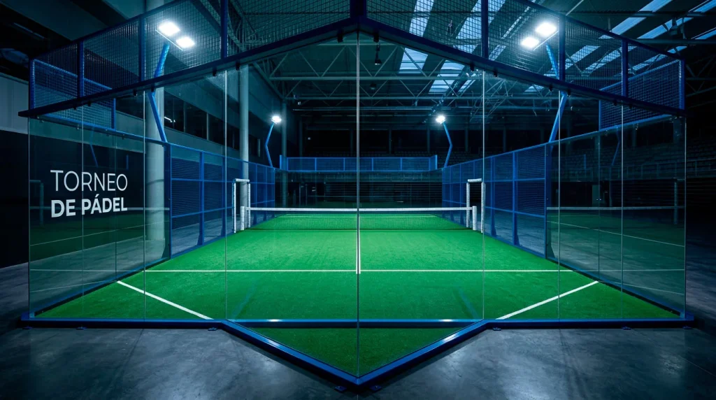 Vista cenital de pista de pádel profesional durante torneo con iluminación de competición