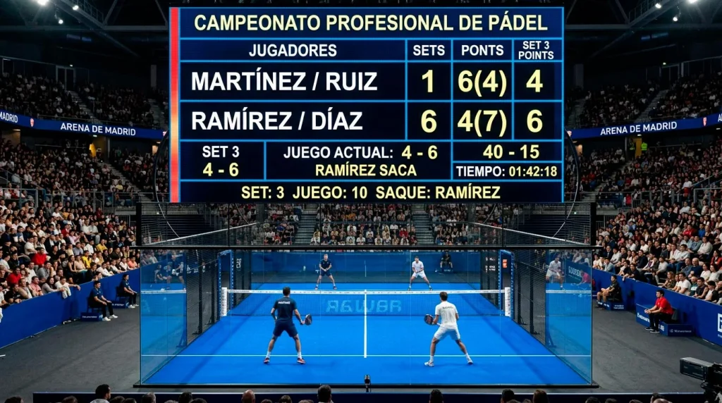 Marcador electrónico de un partido de pádel profesional mostrando resultado por sets