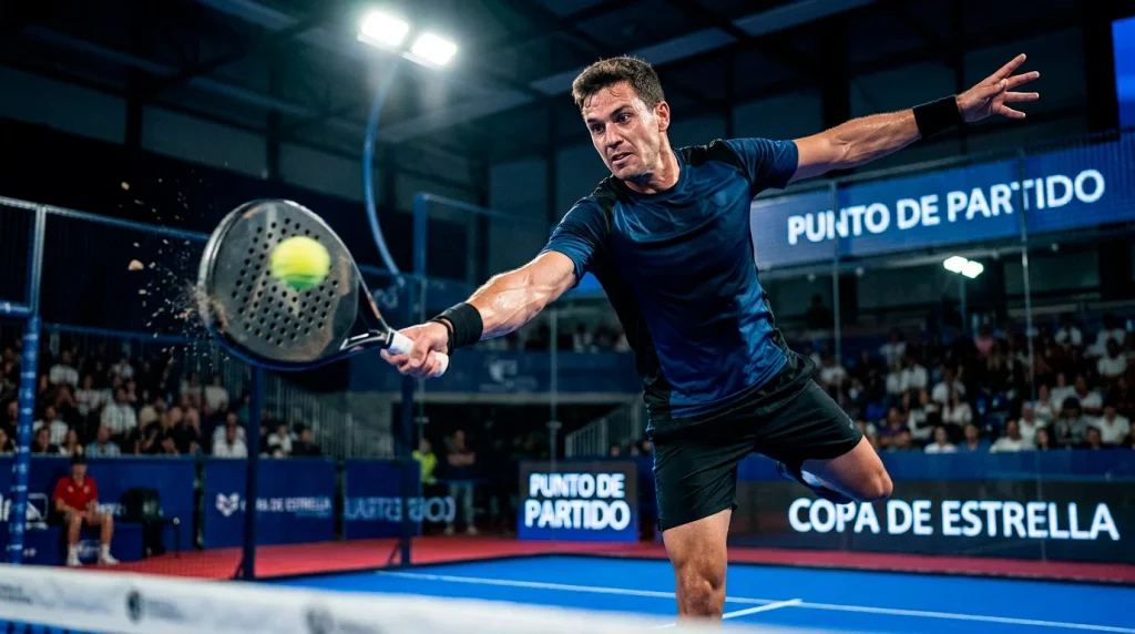 Jugador de pádel profesional preparando un golpe decisivo en un punto de deuce