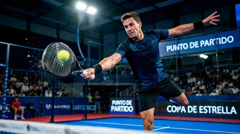 Jugador de pádel profesional preparando un golpe decisivo en un punto de deuce